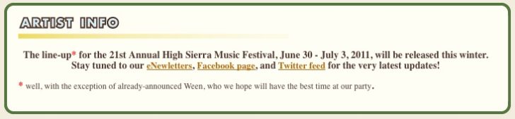 High Sierra 2011: Ween to Headline Sunday, Lineup Coming Soon