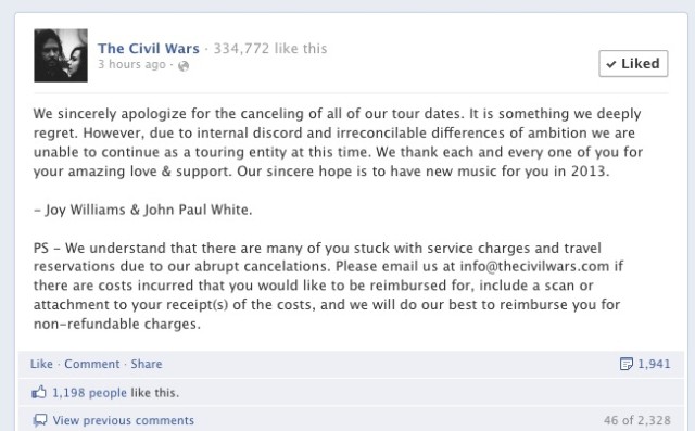 The Civil Wars Cancel Tour