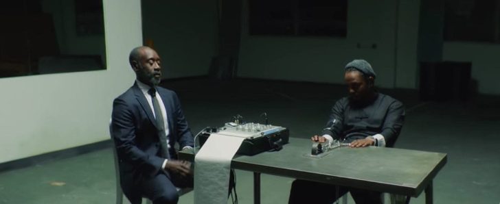 Don Cheadle gives Kendrick Lamar a polygraph in official video for “DNA.”