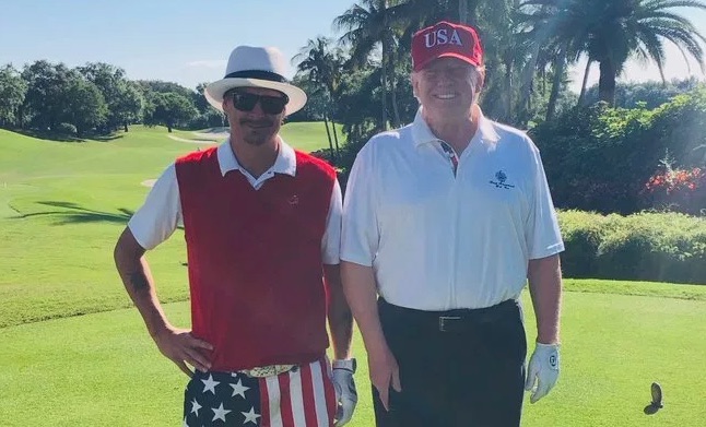 kid rock and donald trump smiling for the cameras after their golf round nice pants