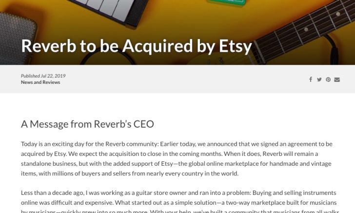 Musician Instrument Site Reverb Announces Acquisition by Etsy
