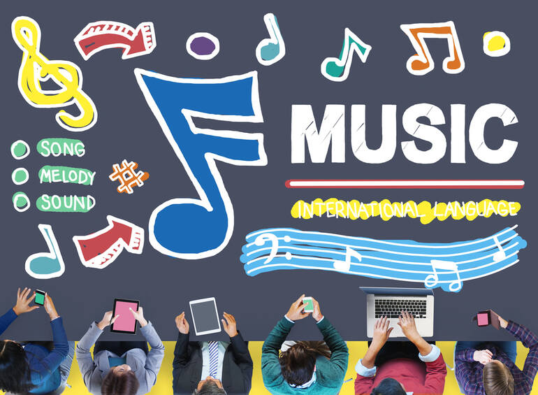 Students using technology with musical notes and symbols representing how music enhances creativity and learning.