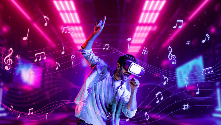 A man singing a song by using a VR headset, giving a virtual live music experience