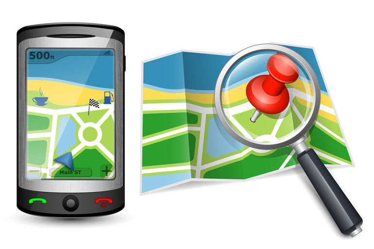 GPS device and a map with a magnifying glass and a pin, representing location-specific discoverability