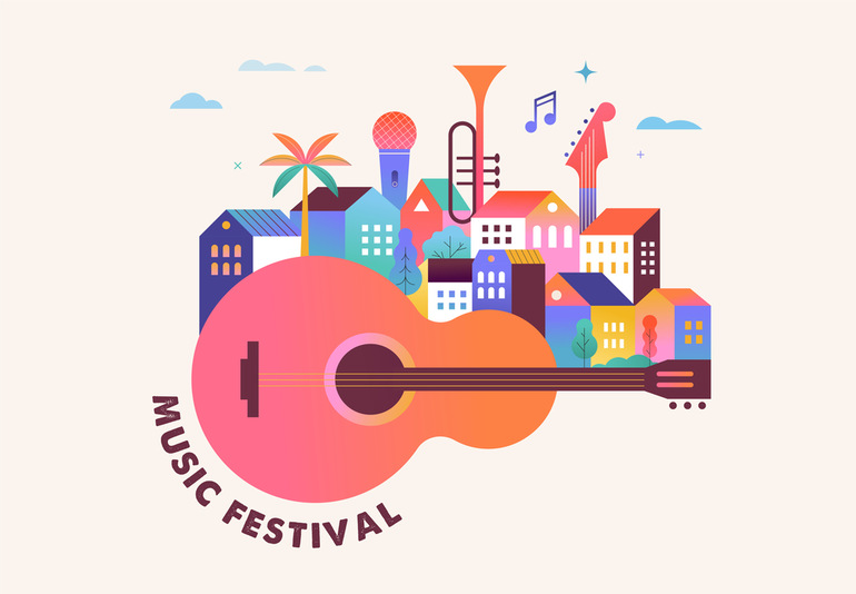 Colorful illustration of a city skyline emerging from a guitar with musical instruments and notes, representing a vibrant music festival scene in Atlanta