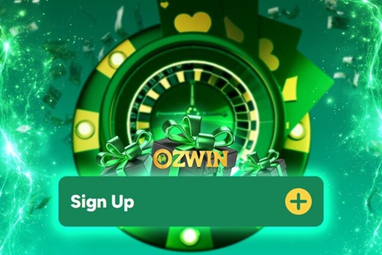 Ozwins Casino sign-up screen with roulette wheel, gift boxes, and green promotional visuals, representing the welcome bonus offer