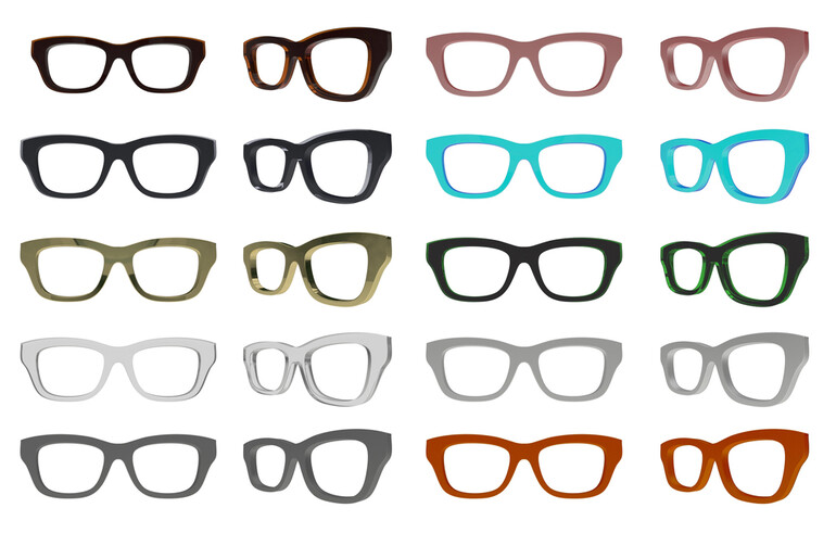 A collection of colorful prescription sunglass frames in various shapes and styles