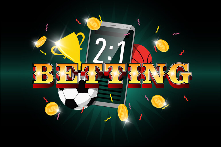 Sports betting with a smartphone showing live score, coins, a trophy, a soccer ball, and a basketball