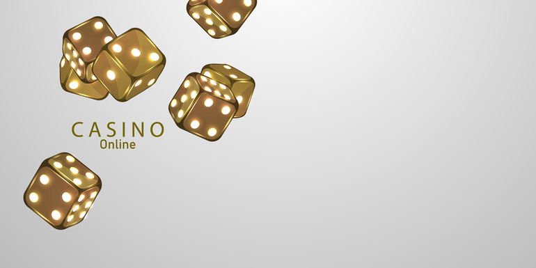 Golden dice and text 'Casino Online' representing the evolution of live casino game shows in the digital era