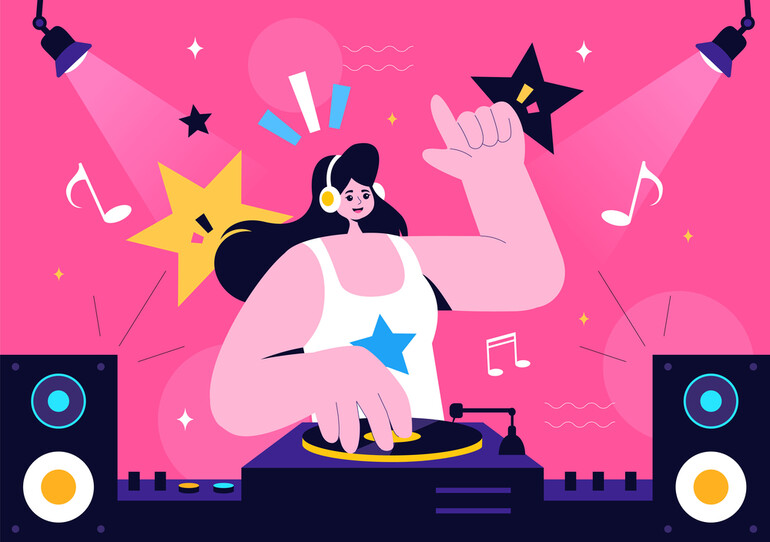 An animated female DJ playing music with vibrant festival-themed elements like musical notes, stars, and colorful lights