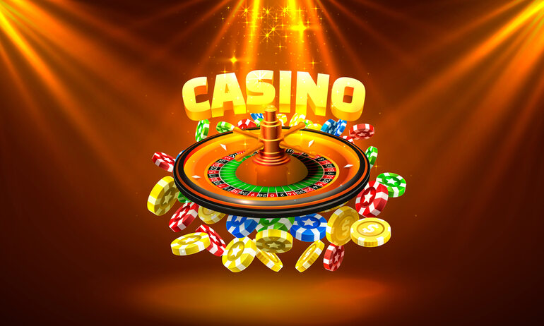 A roulette wheel with colorful poker chips and a glowing “Casino” sign