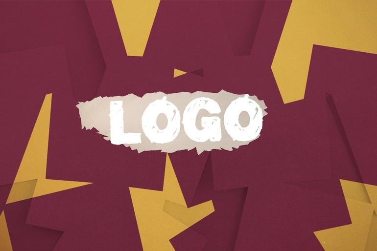 Bold torn-paper style "LOGO" text on a dynamic maroon and gold background.