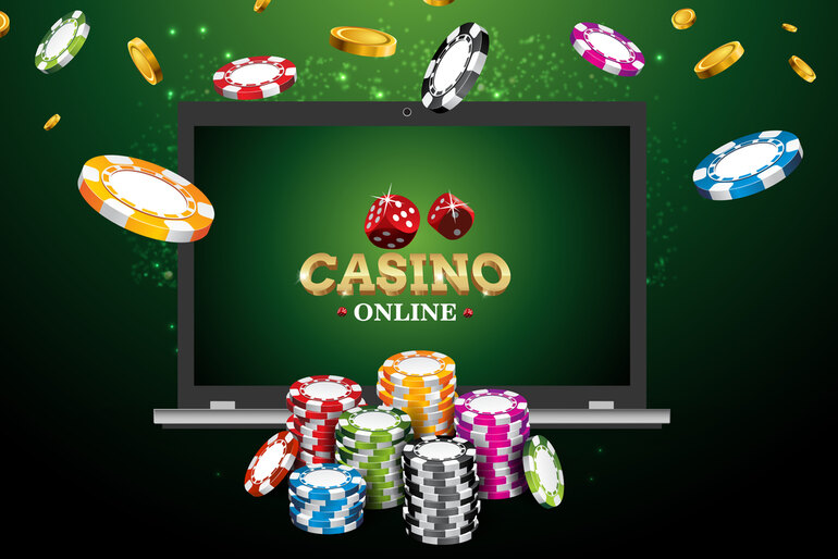 Online casino chips and coins with a laptop screen for “Casino Online,” player control, and flexibility