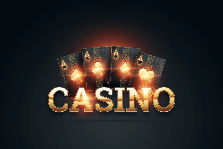 Golden casino text with glowing poker cards featuring all four aces