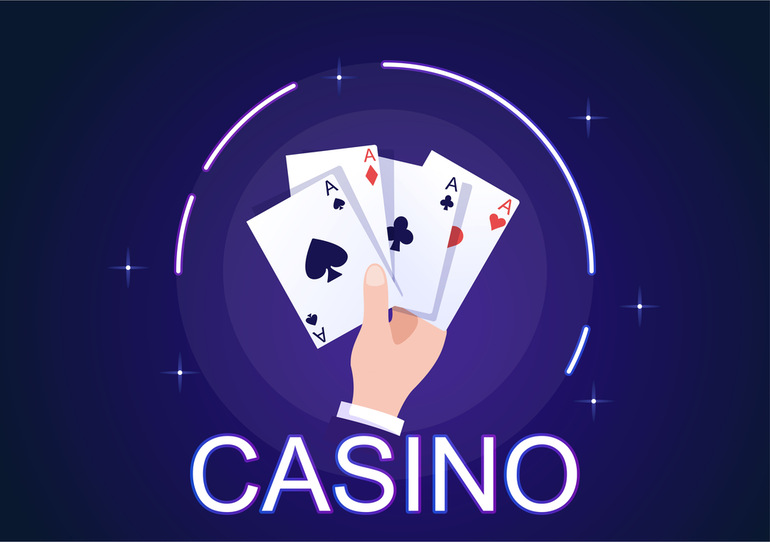 An animated hand holding four aces with a glowing casino design background