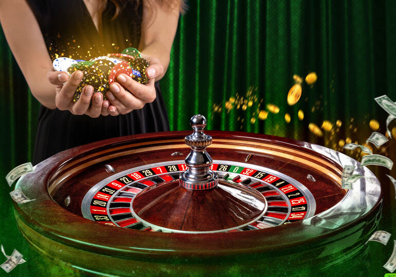 Close-up of a woman holding glowing casino chips above a spinning roulette wheel, surrounded by flying coins and cash.
