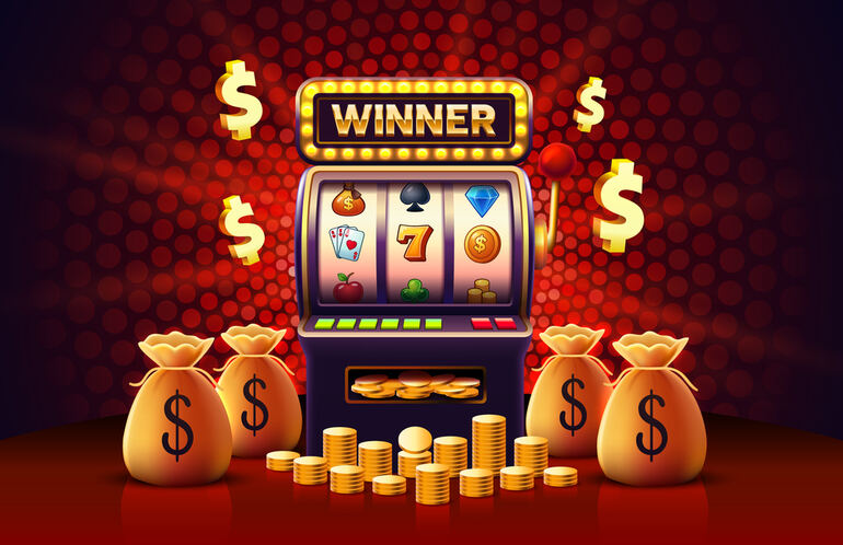 Person celebrating a win with scattered dollar bills on the floor beside slot machine elements.