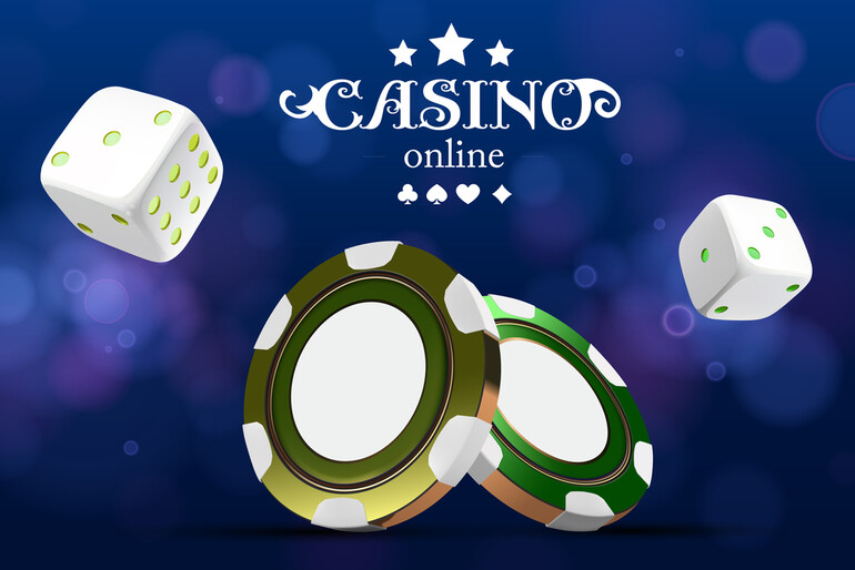 Online casino background with poker chips, dice, and glowing lights representing virtual gambling, music, and slot machine themes.