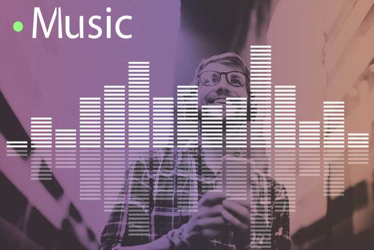 Person listening to music with visual equalizer bars and the word ‘Music’ displayed