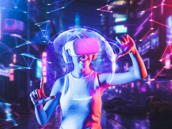 Woman in a VR headset surrounded by neon digital graphics, representing how music visualizers turn new tracks into immersive visual experiences and help artists stand out.