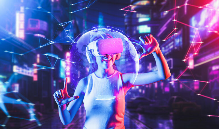 Woman in a VR headset surrounded by neon digital graphics, representing how music visualizers turn new tracks into immersive visual experiences and help artists stand out.