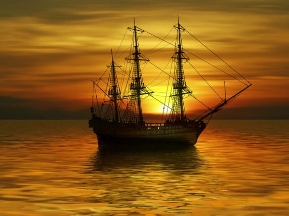 Old sailing ship on calm ocean at sunset for a high-seas playlist theme.