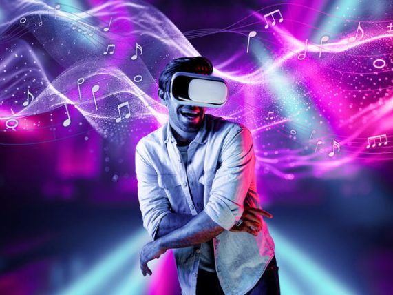 A man is enjoying digital music produced using AI