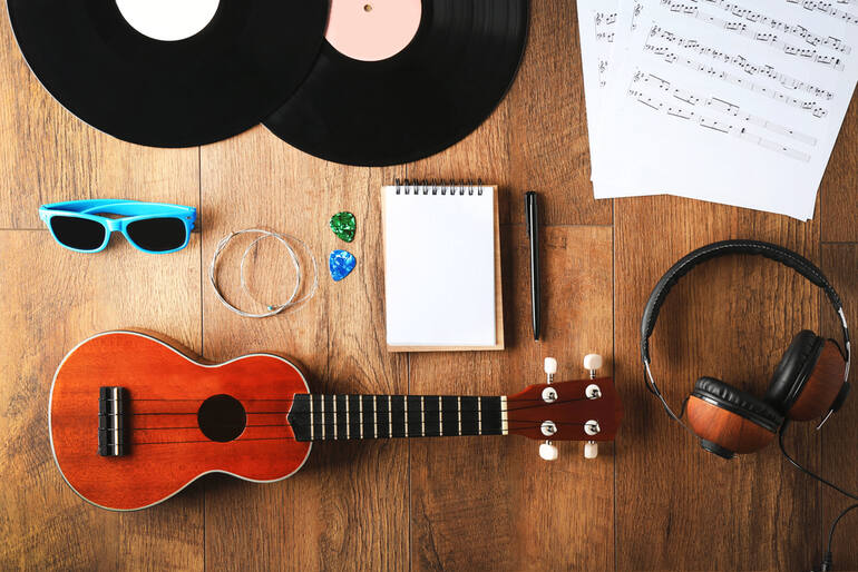 A modern music set on a wooden background
