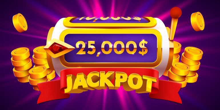 Illustration of a glowing slot machine displaying “25,000$ Jackpot” surrounded by gold coins on a vibrant purple background