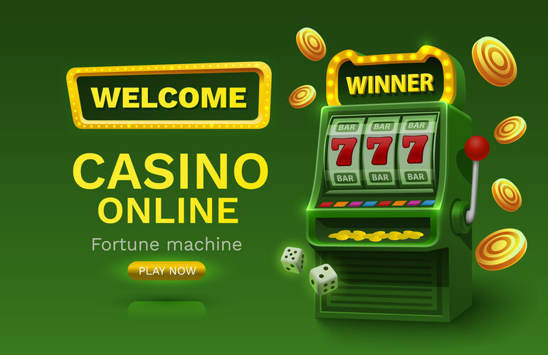 Online music-themed slot machine with glowing 777 reels, floating gold coins, dice, and a green casino background promoting an online casino game.