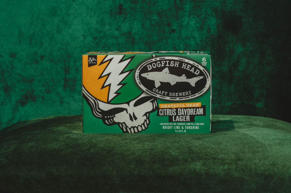 Box of Dogfishhead Citrus Daydream lager in front of green background