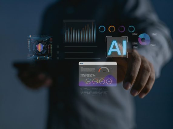 AI interface with data analytics and digital interaction visuals