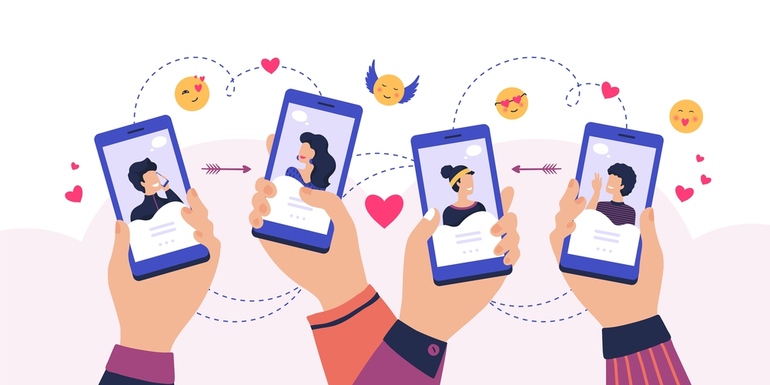 Illustration of smartphone chats with hearts, representing AI-powered translation enabling international dating.