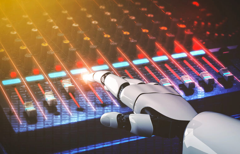 AI music video editor syncing beats and lyrics on a digital timeline.