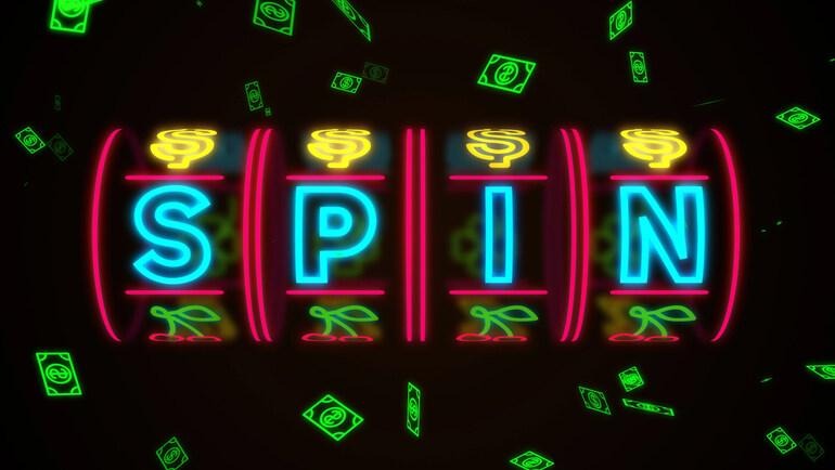 Neon slot machine display with glowing ‘SPIN’ text and floating dollar symbols.