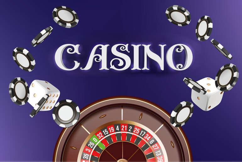 Casino roulette wheel with floating poker chips and dice, representing Nitro96 Casino gaming, live tables, and online entertainment for Australian players in 2026.