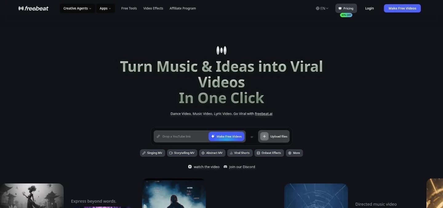 Freebeat AI music video generator modes and lip-sync avatar screenshot