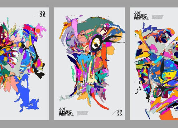Three colorful abstract posters inspired by The Deftones’ album-cover style, featuring fragmented portraits and bold expressive forms.