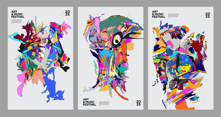 Three colorful abstract posters inspired by The Deftones’ album-cover style, featuring fragmented portraits and bold expressive forms.