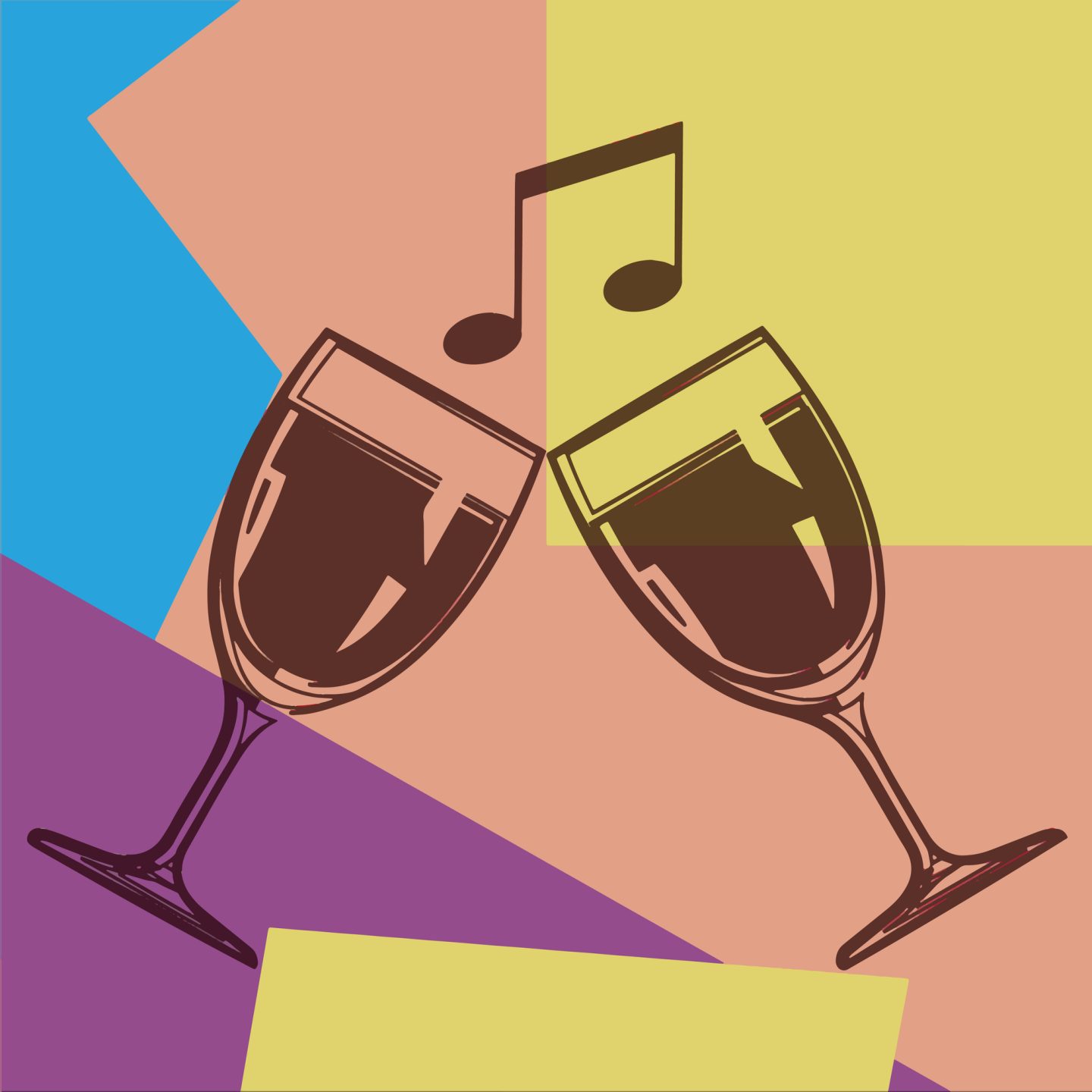 Colorful graphic of two wine glasses clinking together over musical notes, representing the best drinking songs.