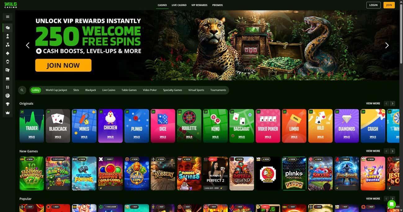 The Wild Casino homepage lobby featuring welcome bonus promo codes and a selection of online slots and table games.