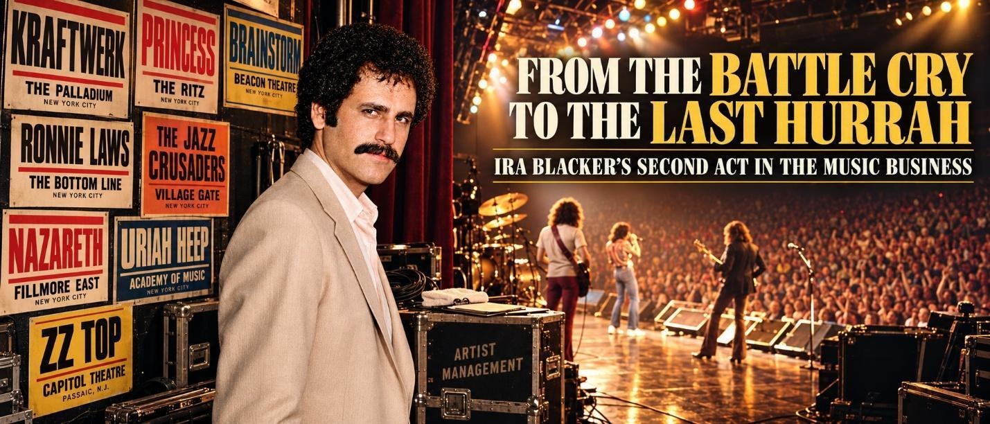 A man with a mustache in a suit jacket stands backstage near concert equipment.